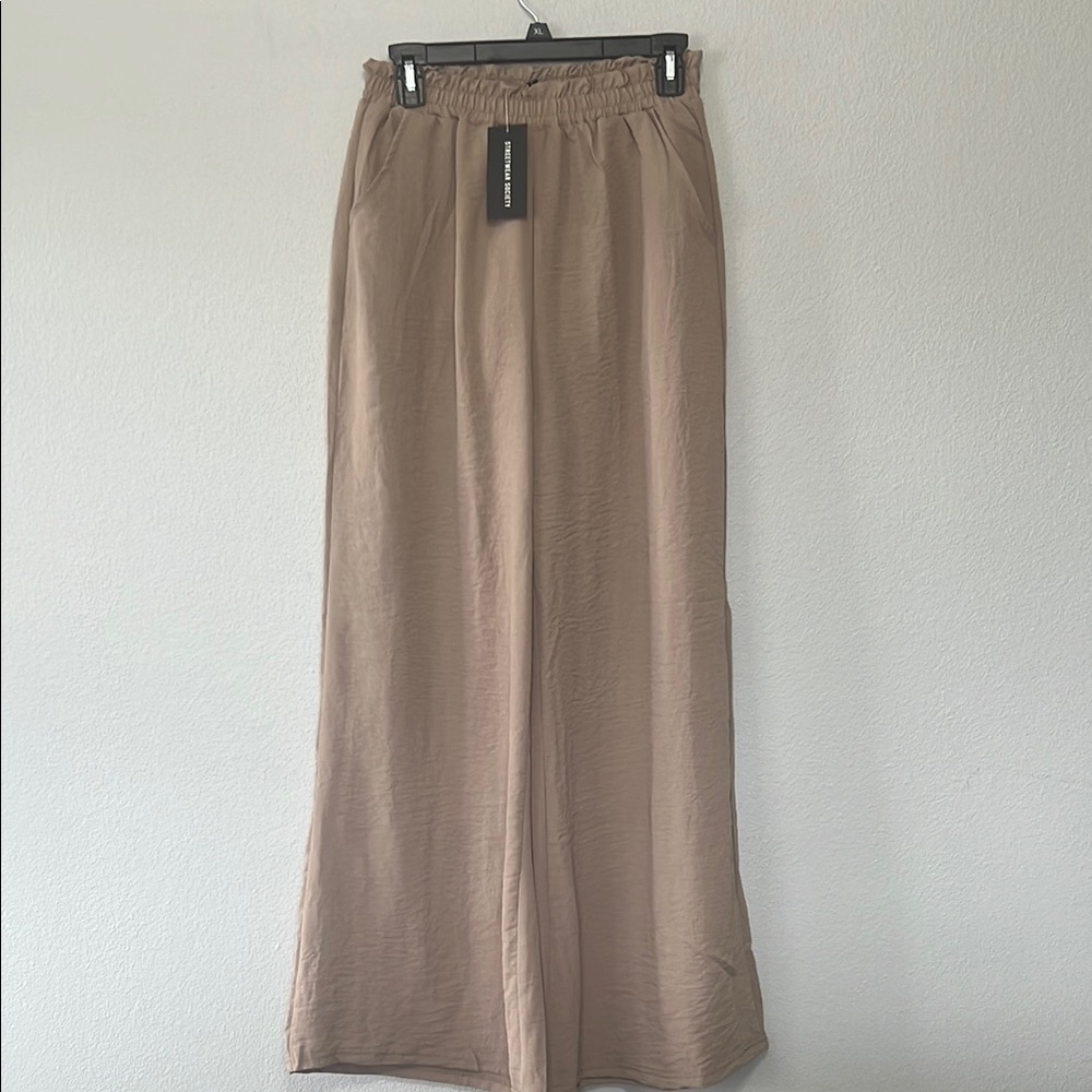Streetwear Society Elegant Womenβs Wide Leg Pants - Tanβ Flowy Comfortable
